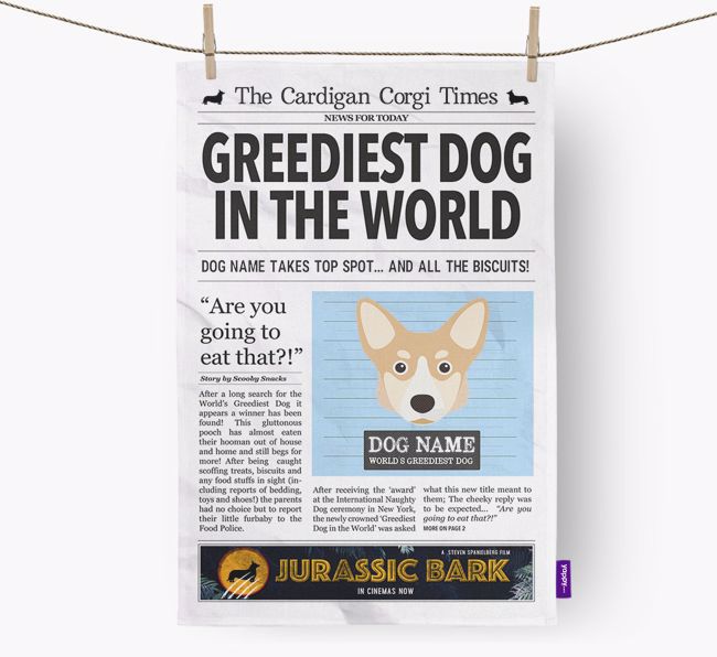 The {breedShortName} Times 'Greediest Dog In The World' Personalised Tea Towel